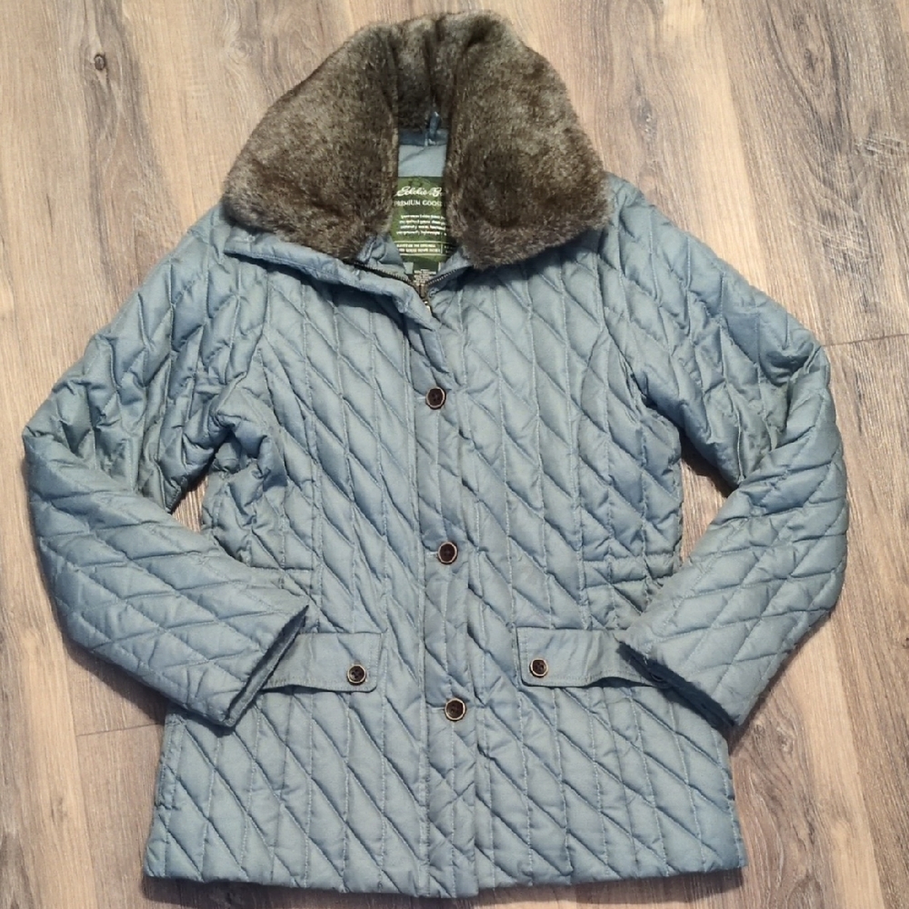 Eddie Bauer Light Blue Quilted Puffer Jacket with Faux Fur Collar